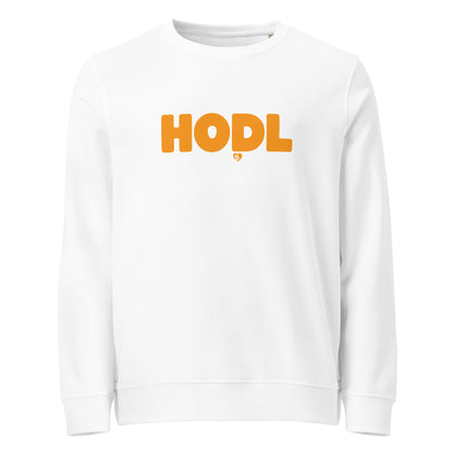 White sweatshirt with 'HODL' printed in orange on a white background