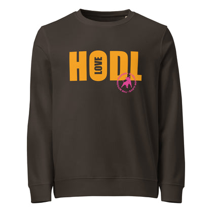 Brown sweatshirt with 'HODL love' in yellow and a small logo on a white background