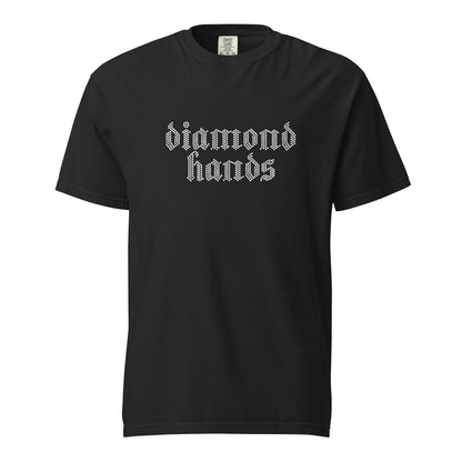 Black t-shirt with 'diamond hands' text on a white background