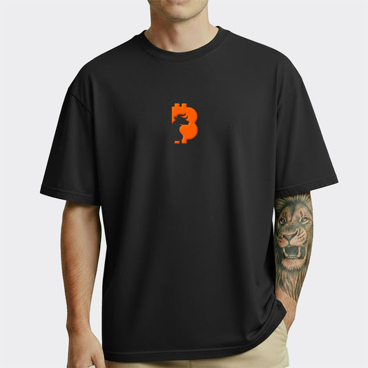 Person wearing a black t-shirt with an orange bitcoin bull logo on a white background