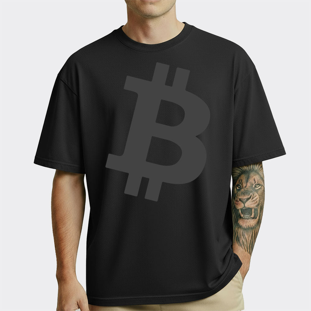 Person wearing a black t-shirt with a massive big Bitcoin symbol on a white background