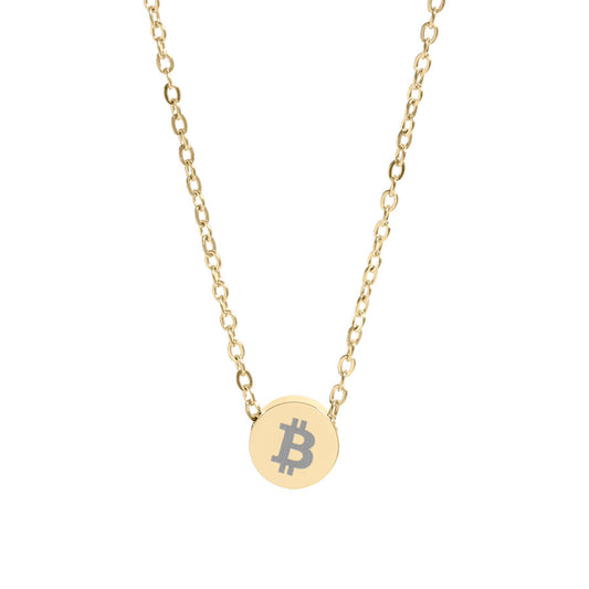 Gold necklace with a Bitcoin symbol pendant on a white background