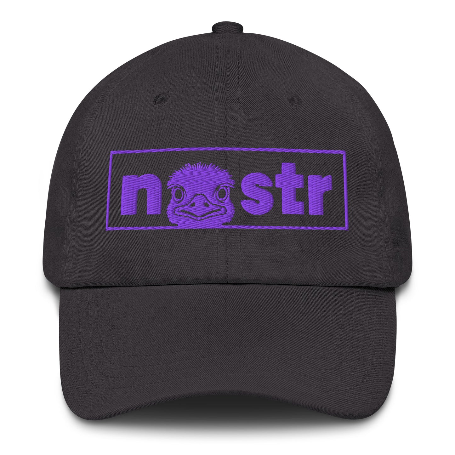 Black cap with purple 'nostr' logo on a white background