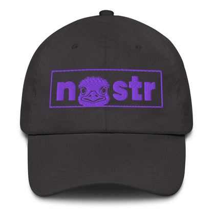 Black cap with purple 'nostr' logo on a white background