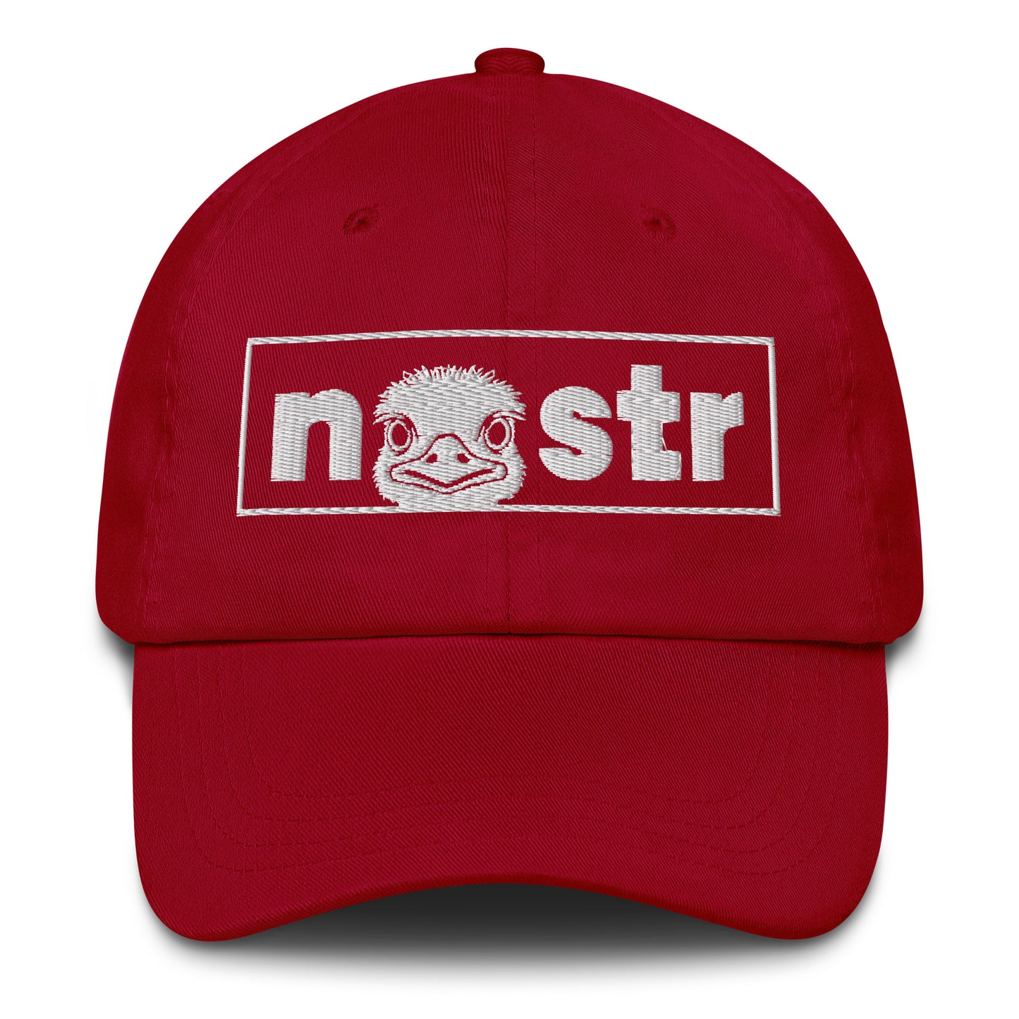 Red cap with 'nostr' logo featuring an ostrich on a white background