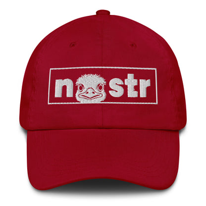 Red cap with 'nostr' logo featuring an ostrich on a white background