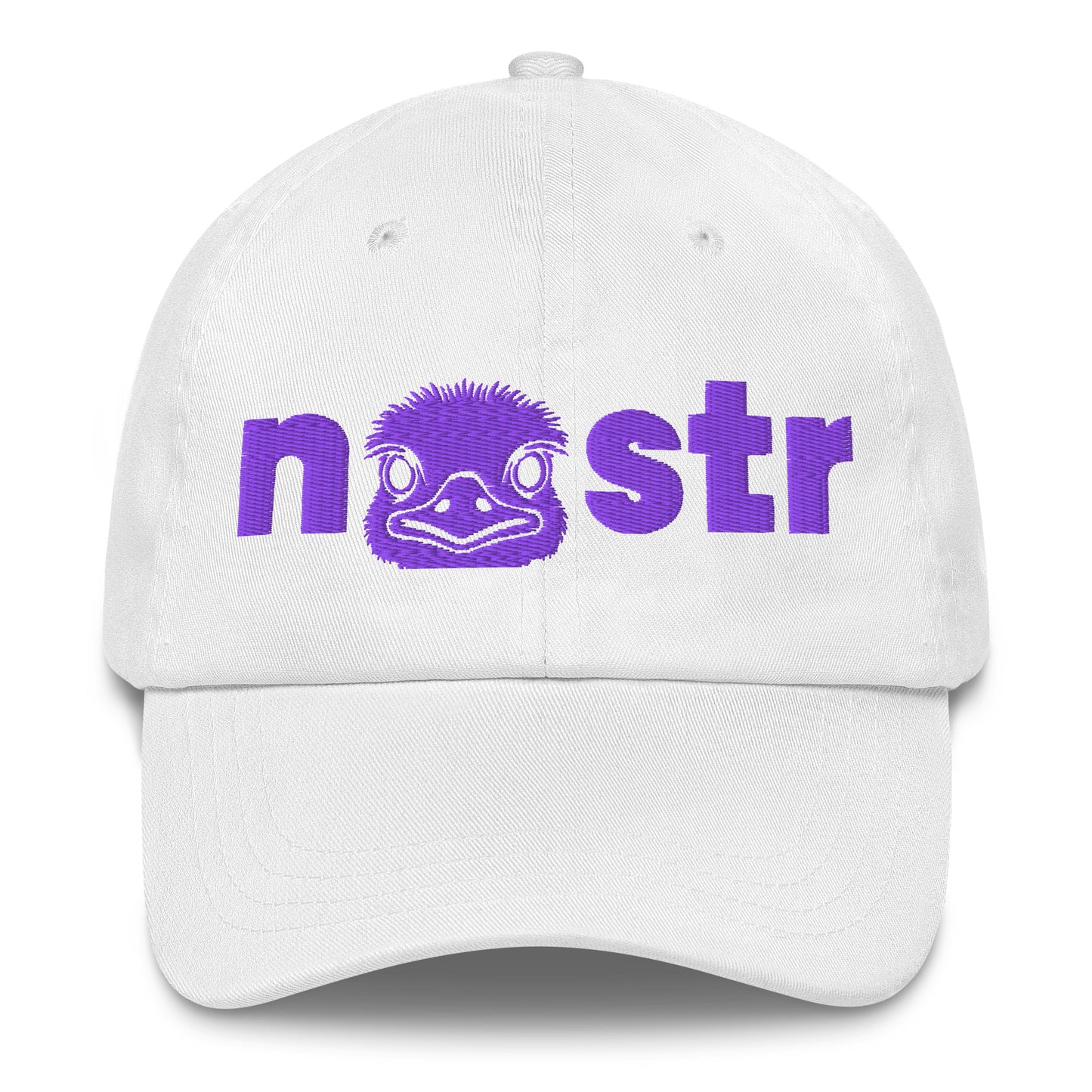 White cap with purple nostr logo and text on a white background