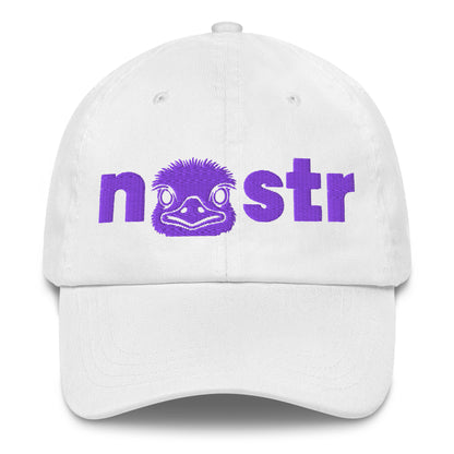 White cap with purple nostr logo and text on a white background