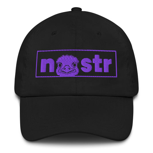 Black cap with purple 'nostr' logo on a white background
