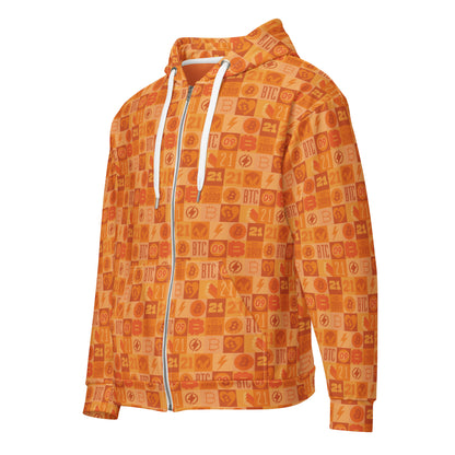 Orange hoodie with geometric bitcoin 21 million 09 down the rabbit hole lightning pattern on a white background