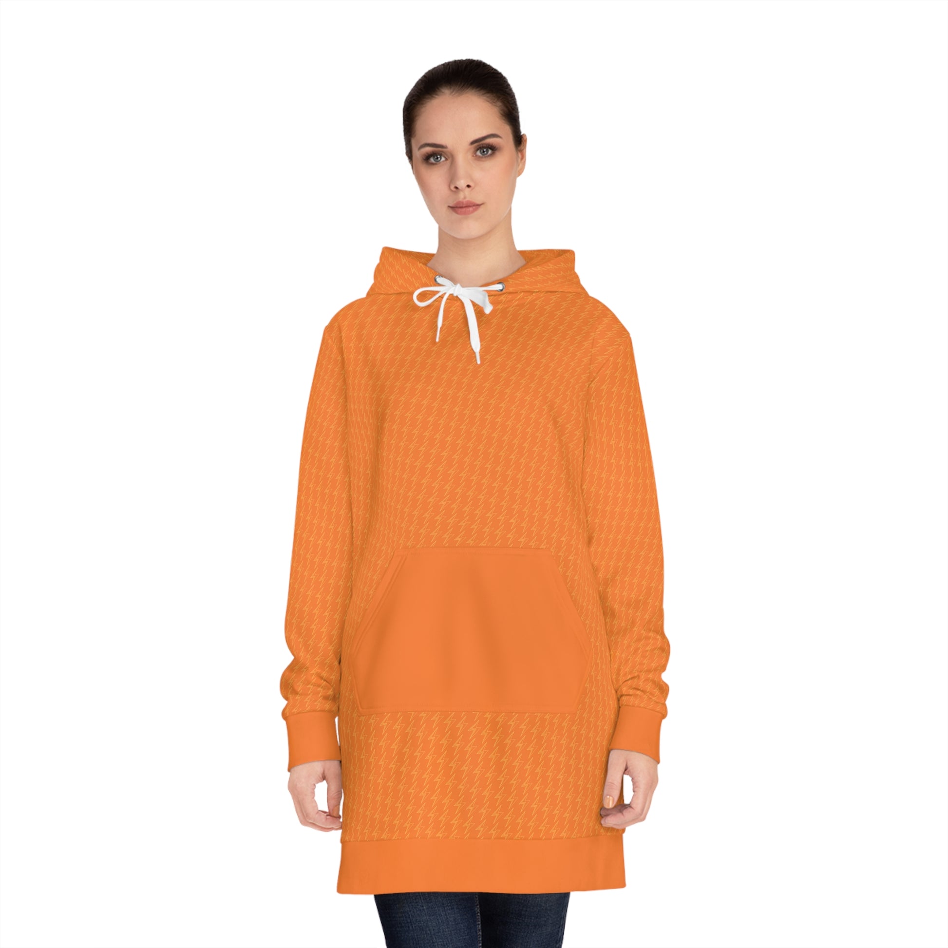 Orange bitcoin lightning hoodie worn by a person on a white background