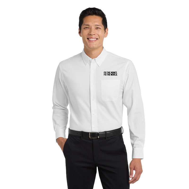 Fix the money. Fix the world. Fact. Long Sleeve Collared Shirt