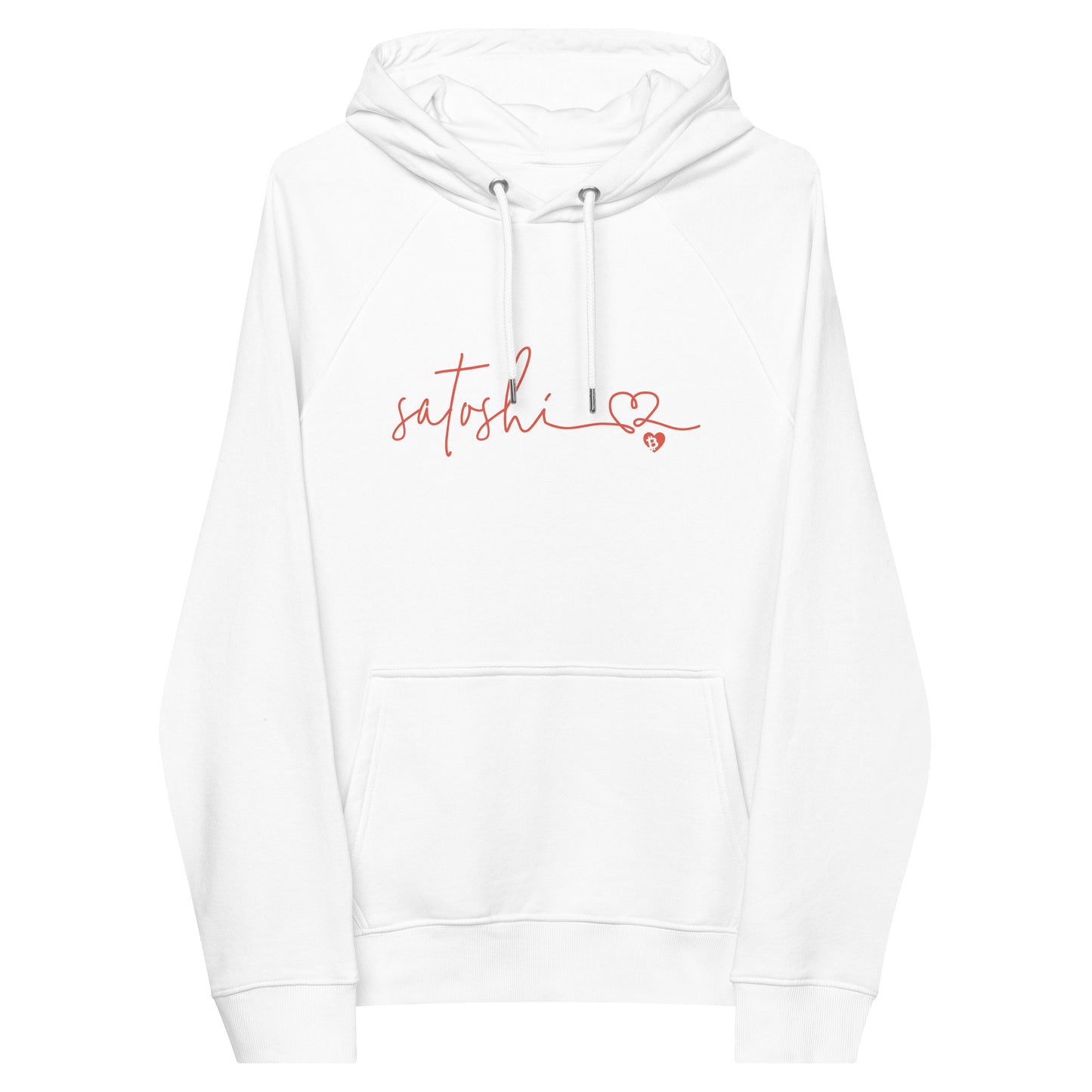 White hoodie with orange satoshi text on a white background