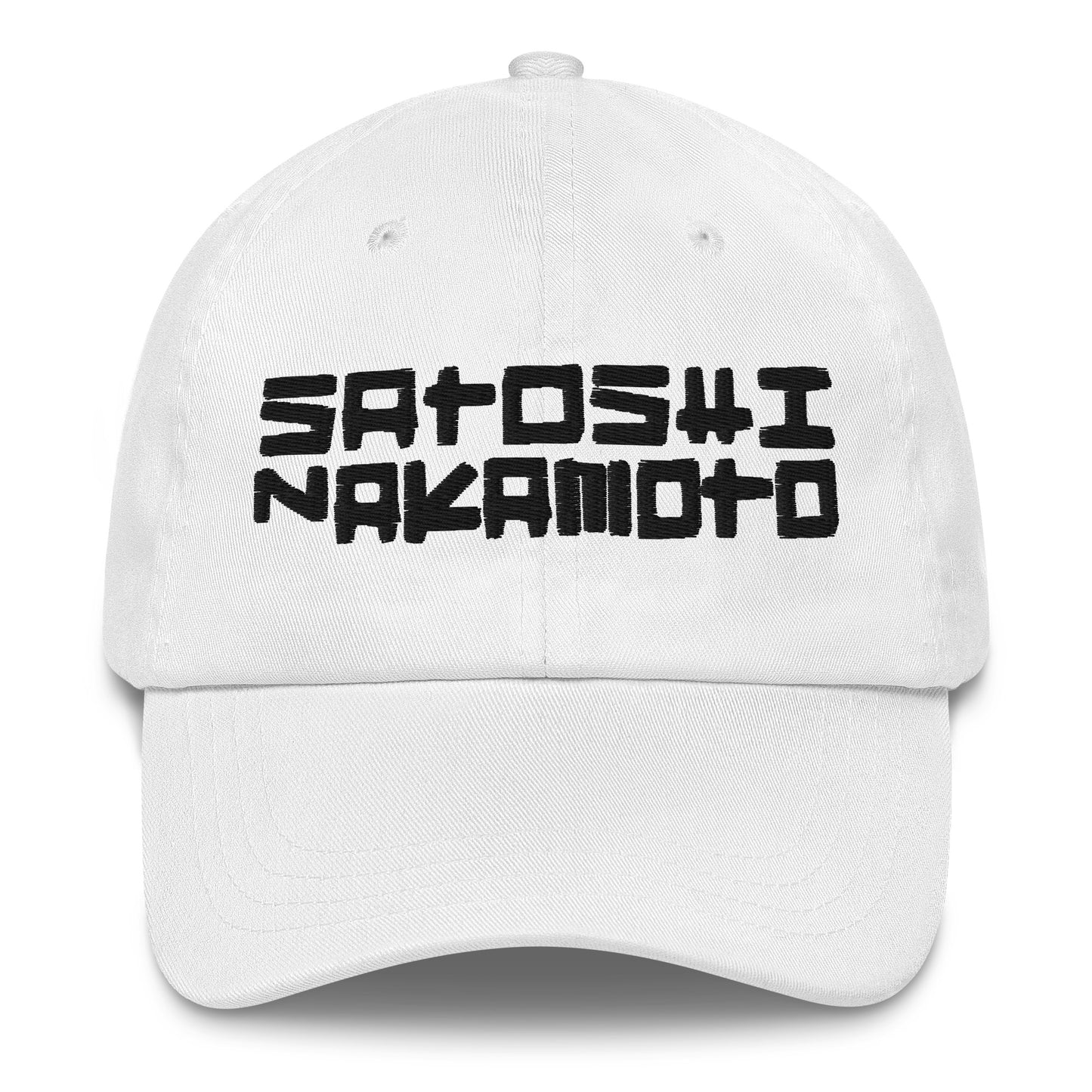 White cap with 'Satoshi Nakamoto' text on a white background