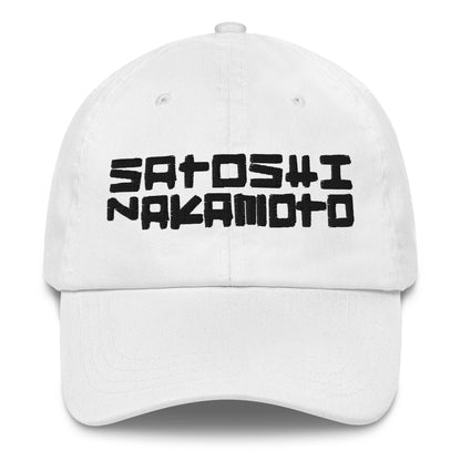White cap with 'Satoshi Nakamoto' text on a white background