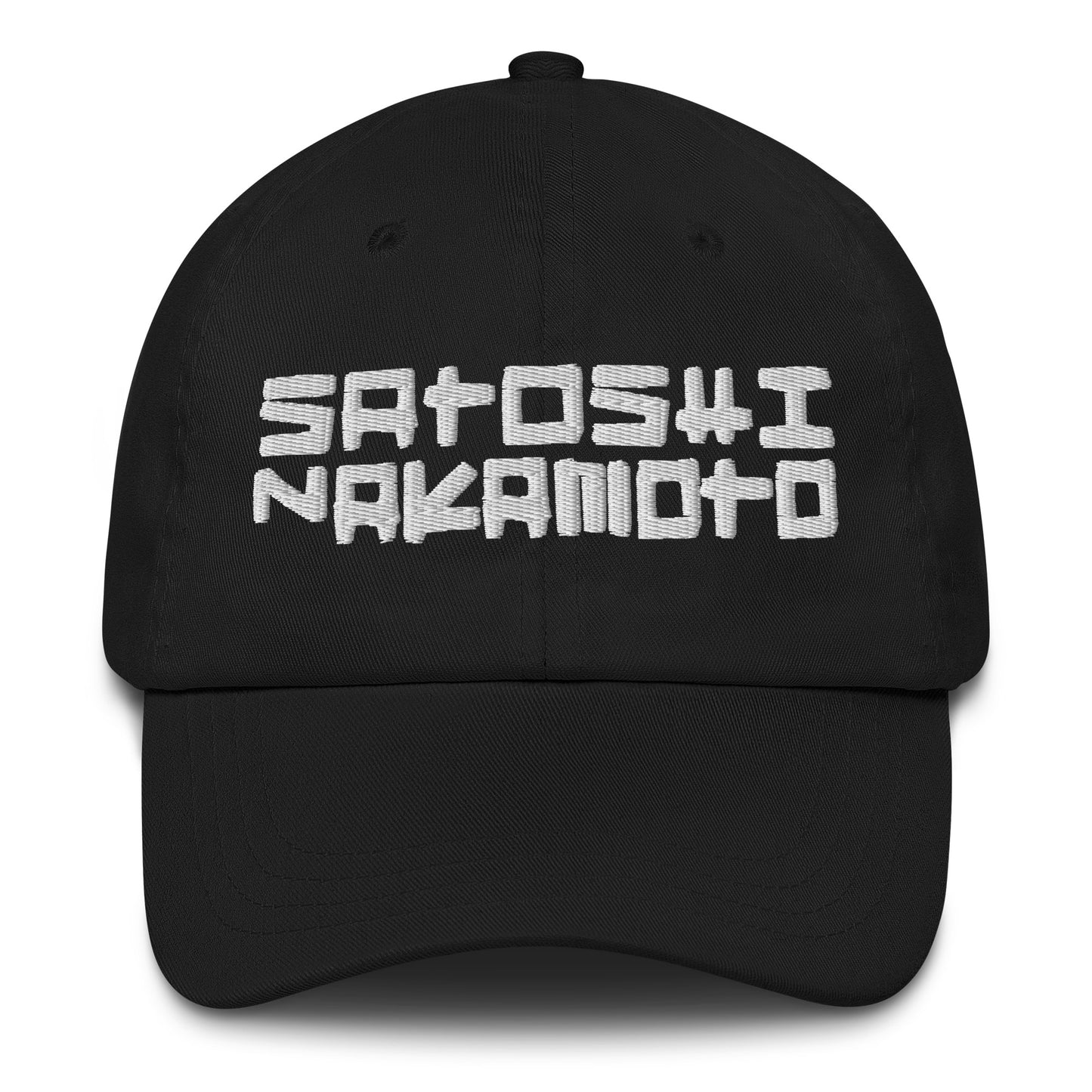 Black cap with 'Satoshi Nakamoto' embroidered on a white background