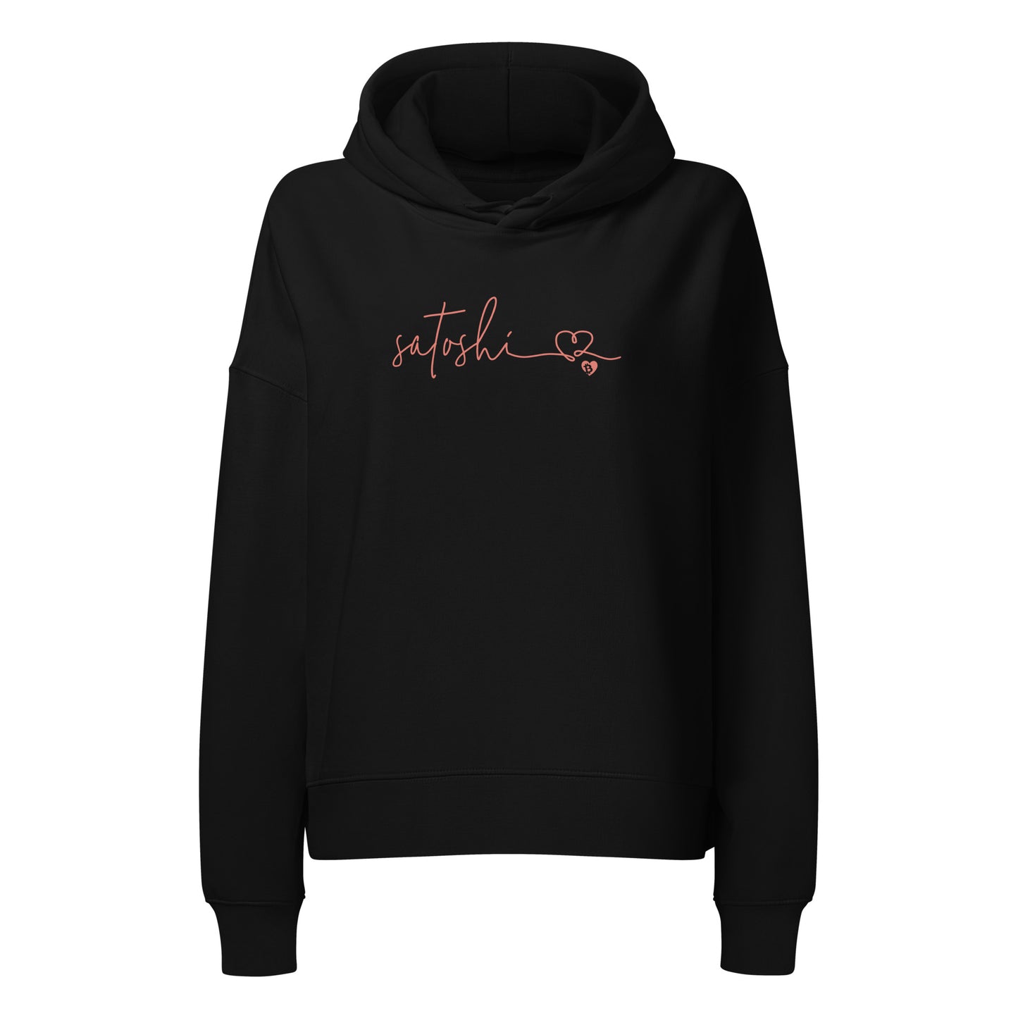 Black hoodie with 'satoshi' text on a white background