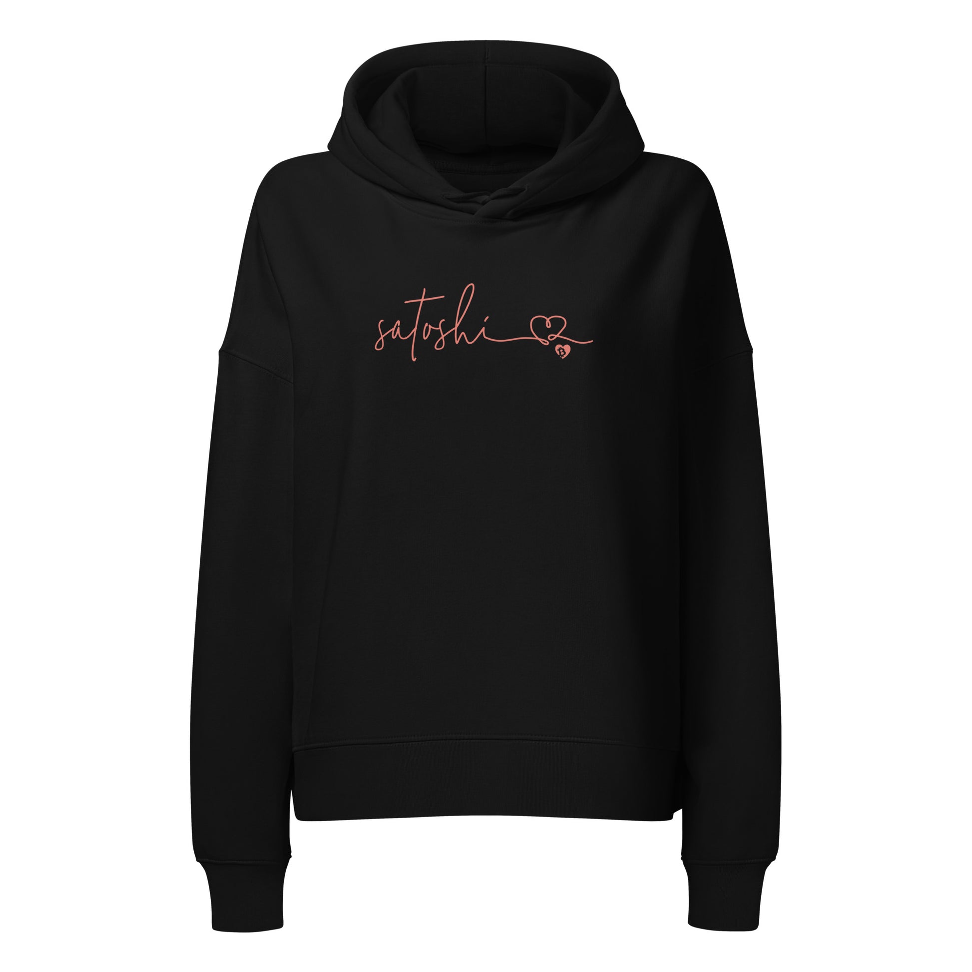 Black hoodie with 'satoshi' text on a white background