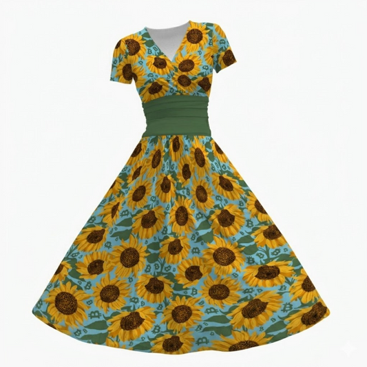 Bitcoin Sunflowers Women's Short Sleeve V Neck Midi Dress