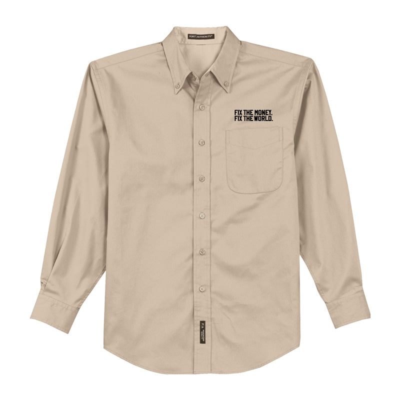 Fix the money. Fix the world. Fact. Long Sleeve Collared Shirt