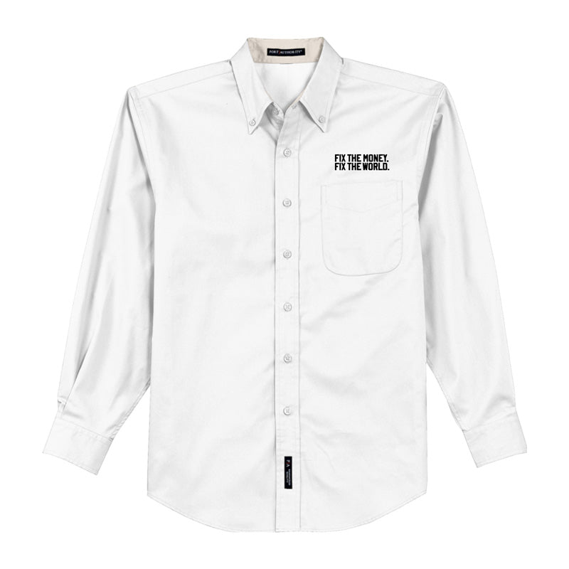 Fix the money. Fix the world. Fact. Long Sleeve Collared Shirt