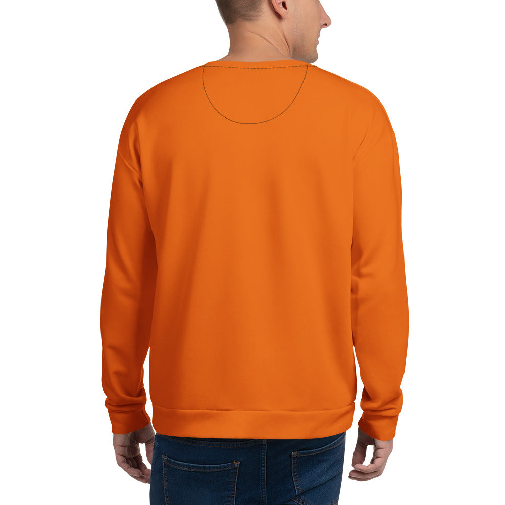 Orange sweatshirt worn by a person on a white background