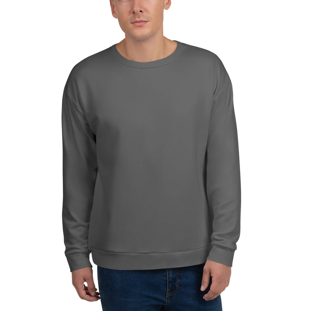 Person wearing a gray sweatshirt on a white background