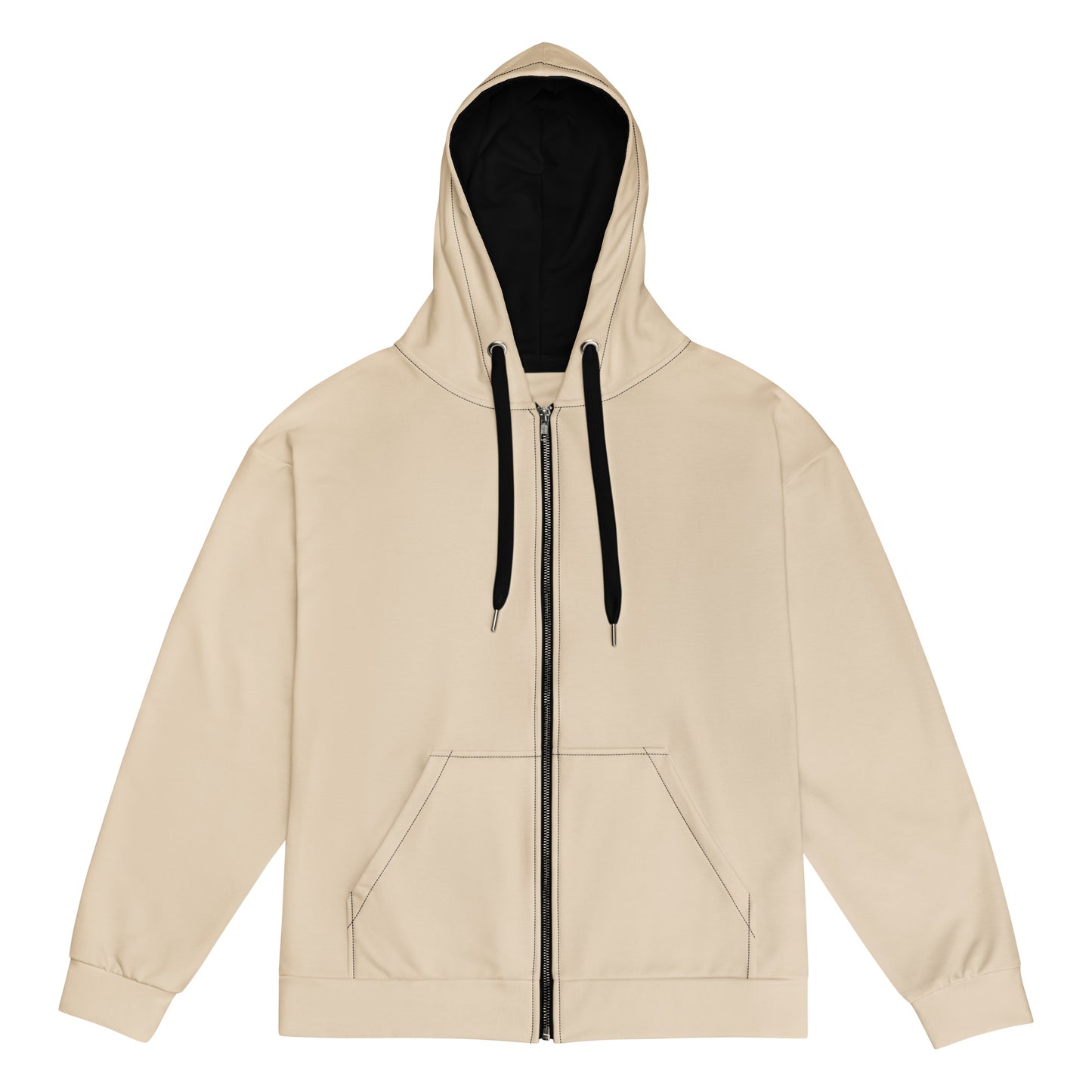 Beige hoodie with a black zipper on a white background