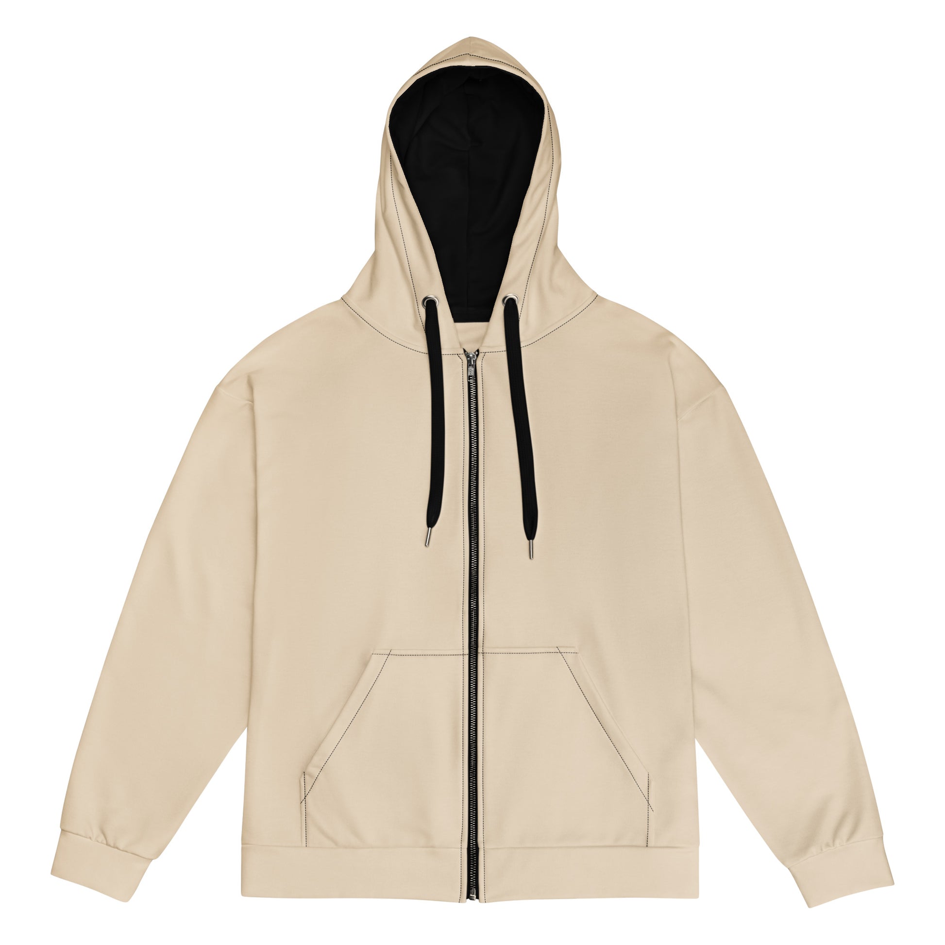 Beige hoodie with a black zipper on a white background
