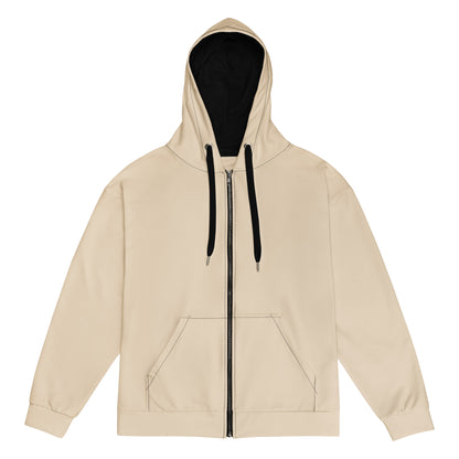 Beige hoodie with a black zipper on a white background