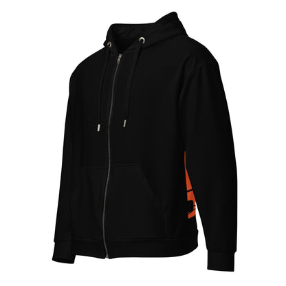 Black hoodie with orange sleeve design on a white background