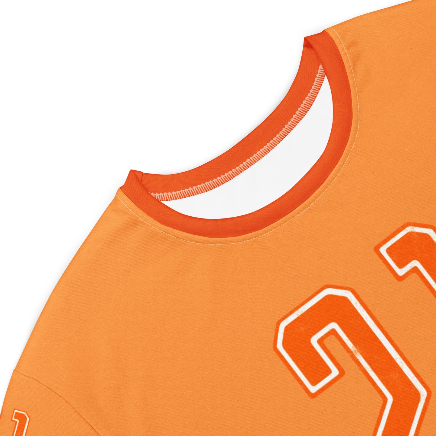 Close-up of an orange sleeveless top with a logo on a white background