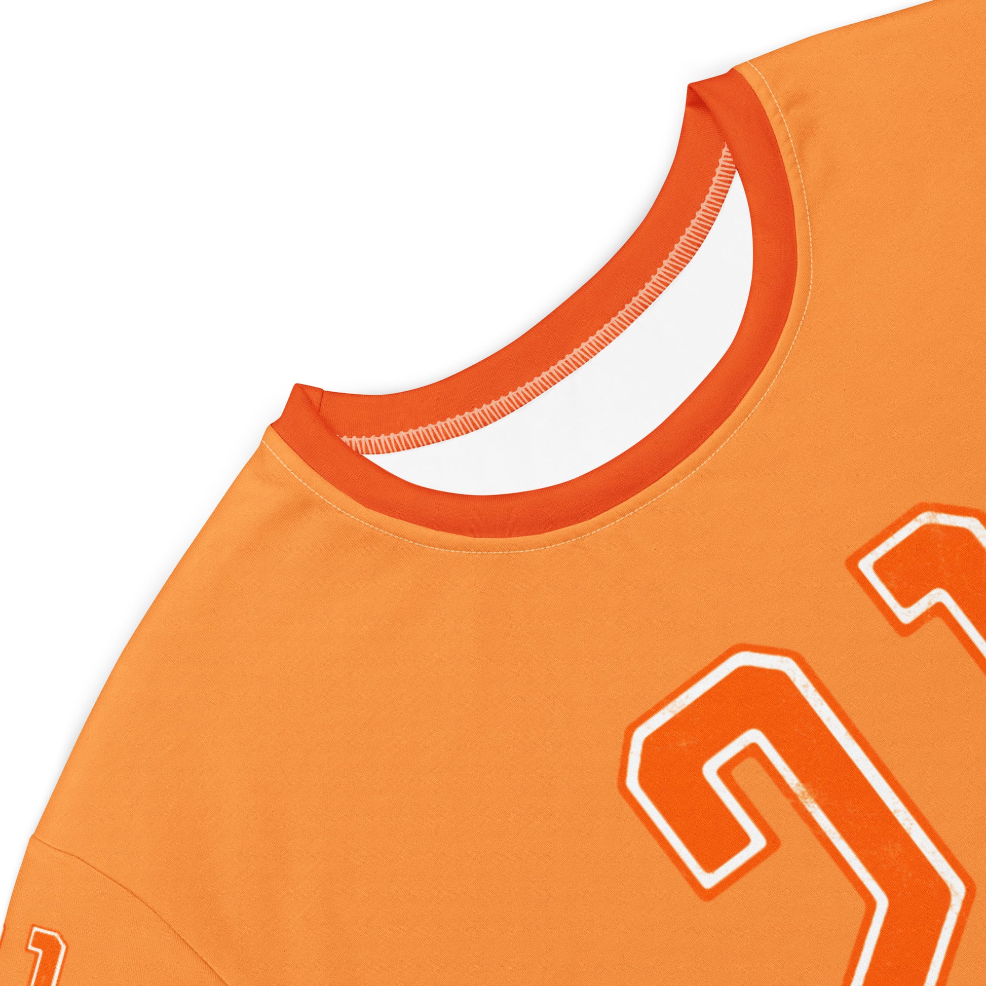 Close-up of an orange sleeveless top with a logo on a white background