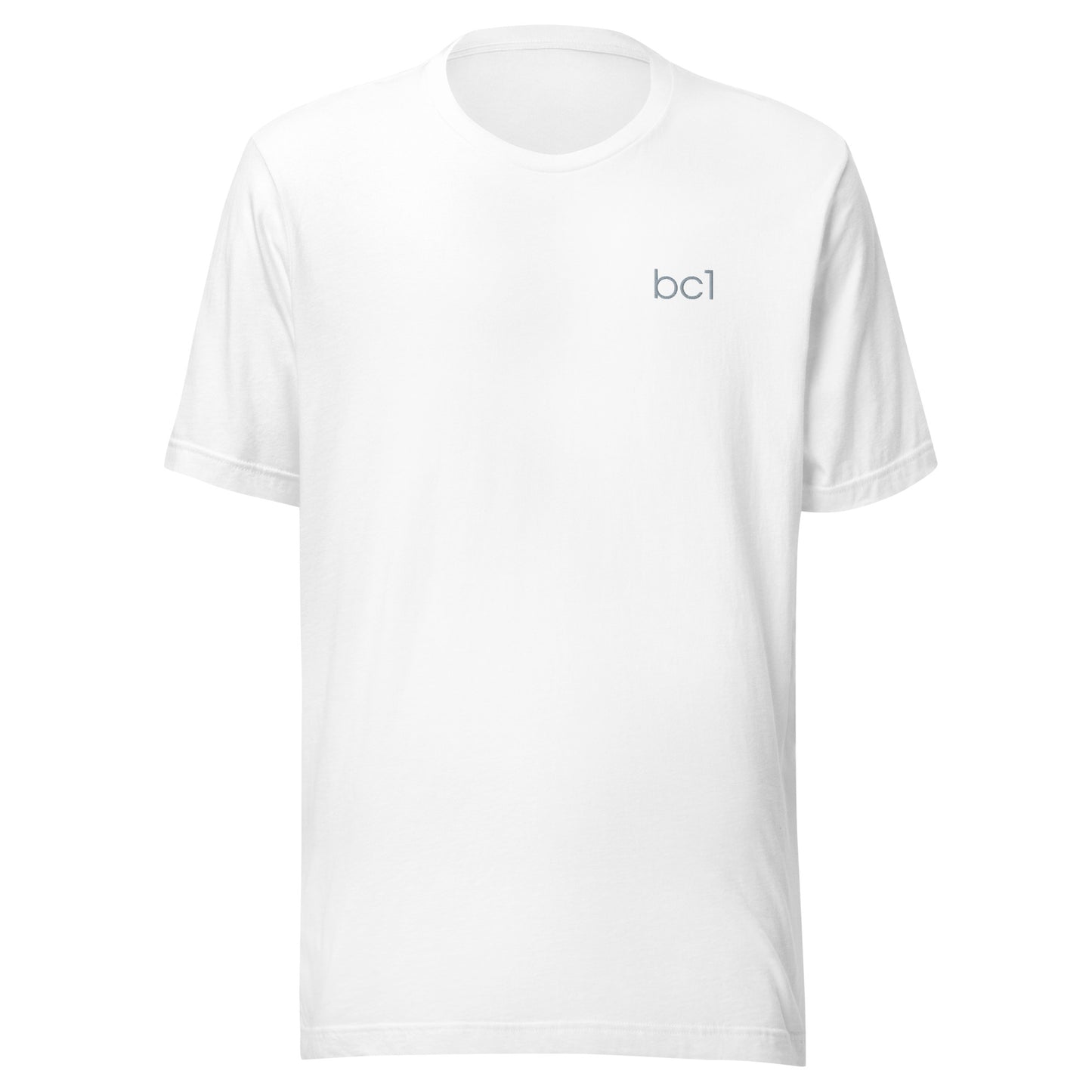 White t-shirt with 'bc1' logo on a white background