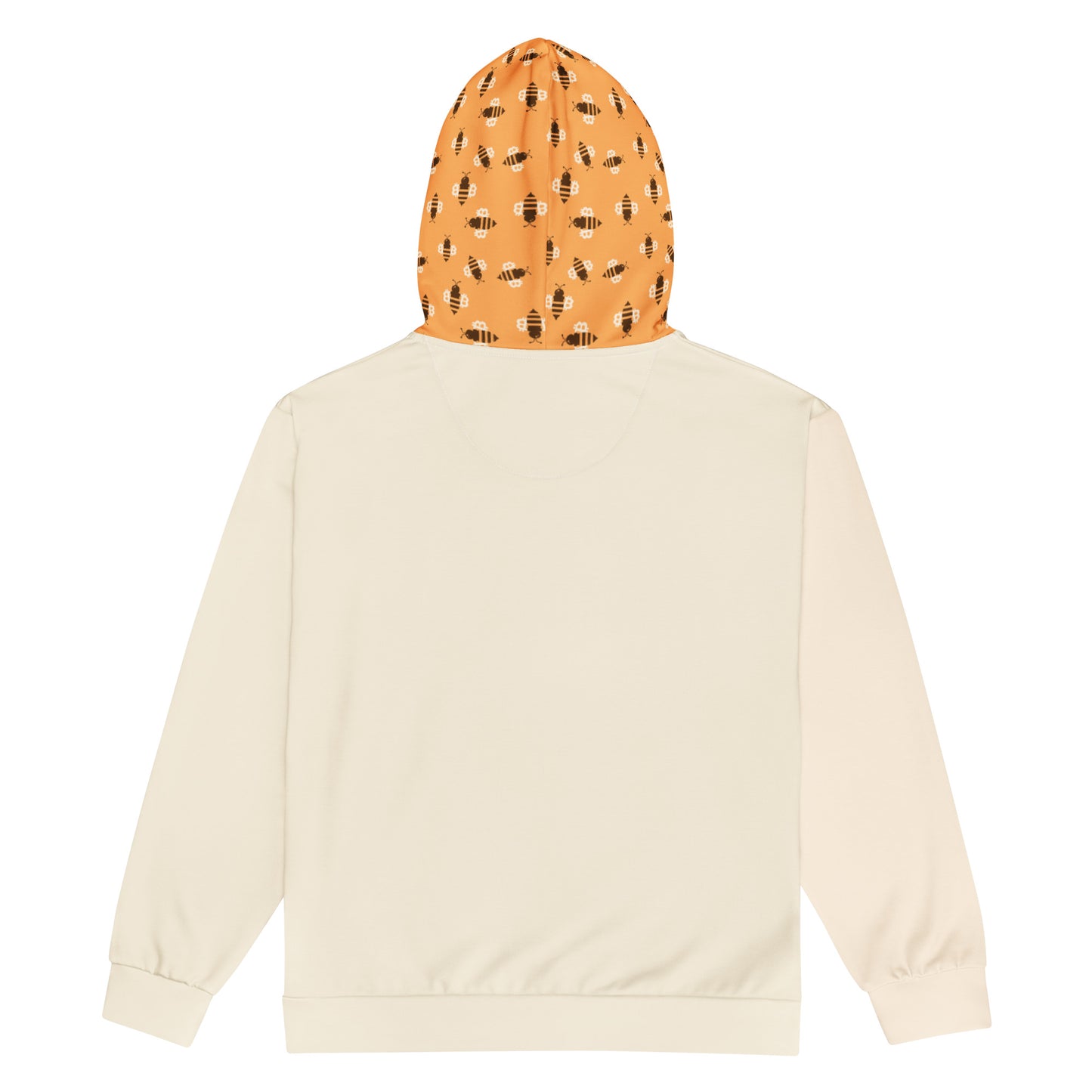 Beige sweatshirt with a hood featuring an orange bitcoin bees pattern on a white background
