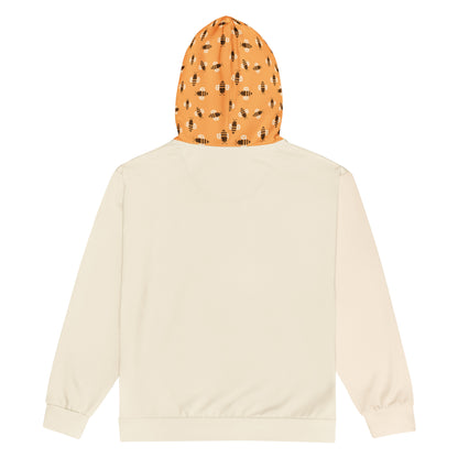 Beige sweatshirt with a hood featuring an orange bitcoin bees pattern on a white background