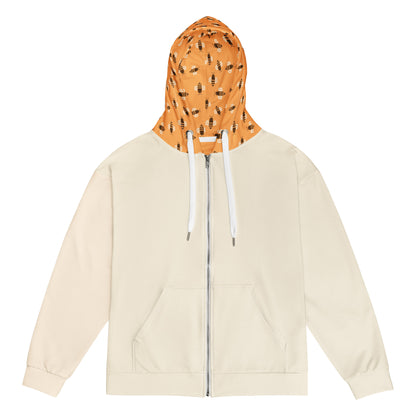 Beige hoodie with a bitcoin bees patterned hood on a white background