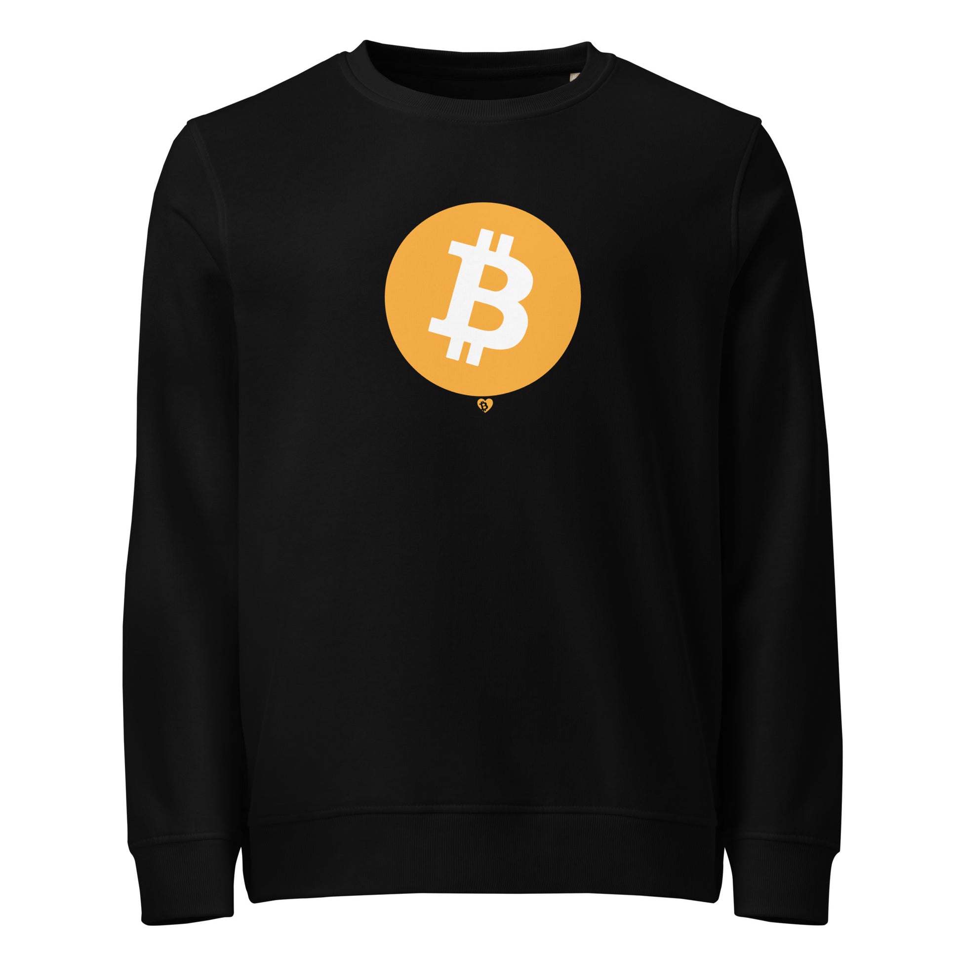 Black sweatshirt with a yellow circle featuring the Bitcoin symbol on a white background
