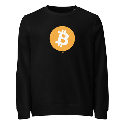 Black sweatshirt with a yellow circle featuring the Bitcoin symbol on a white background