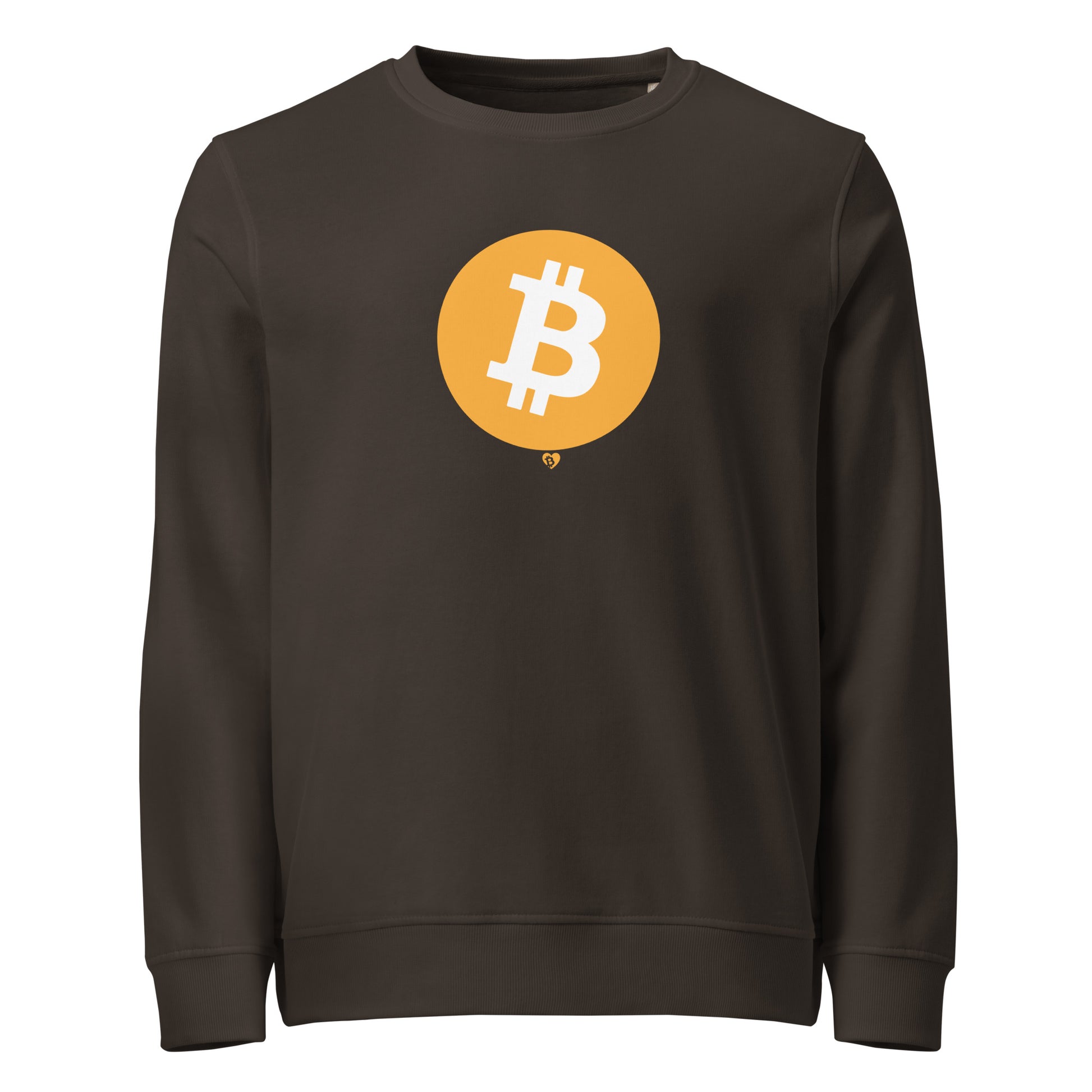Grey sweatshirt with a yellow circle featuring the Bitcoin logo on a white background