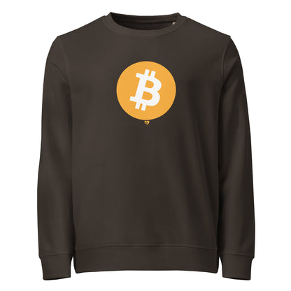 Grey sweatshirt with a yellow circle featuring the Bitcoin logo on a white background