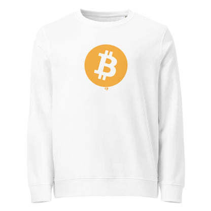White sweatshirt with a Bitcoin logo on a white background