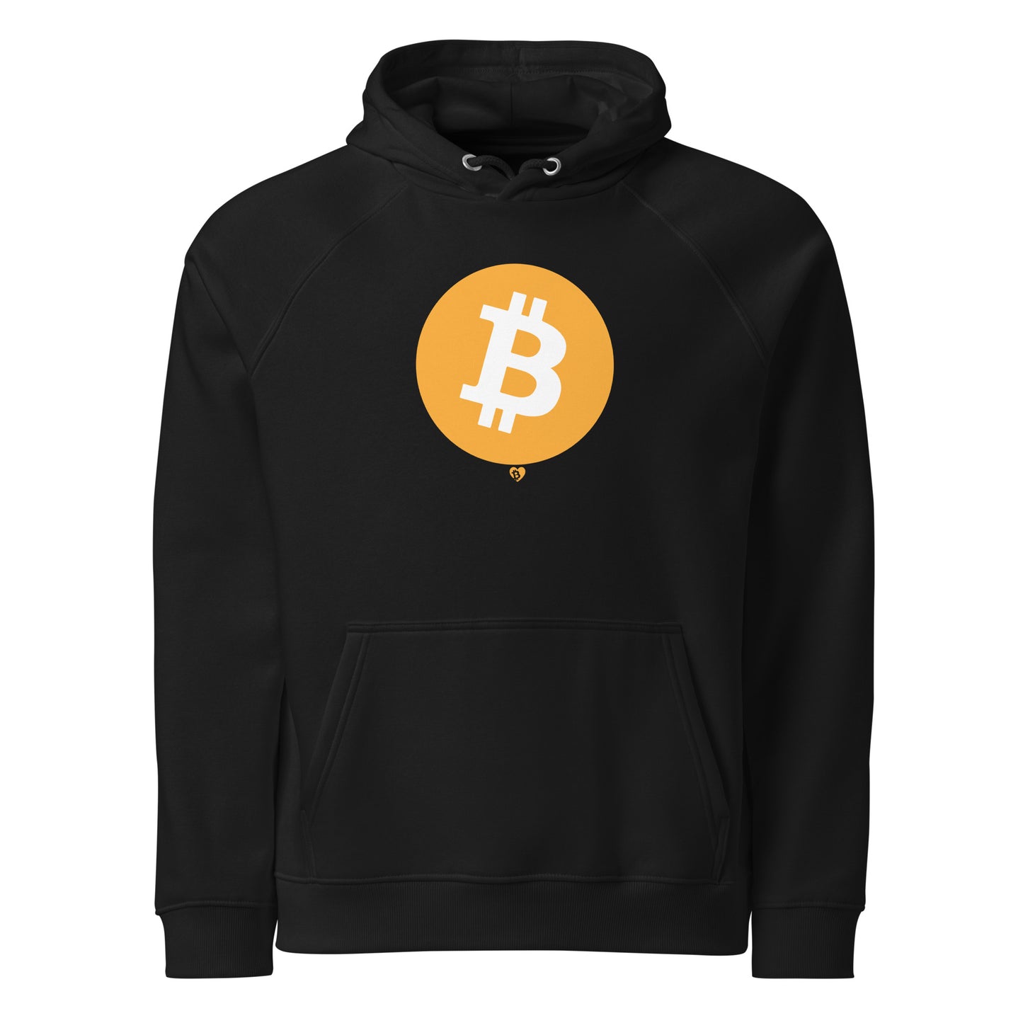 Black hoodie with a yellow Bitcoin logo on a white background