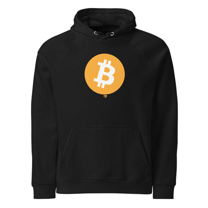 Black hoodie with a yellow Bitcoin logo on a white background