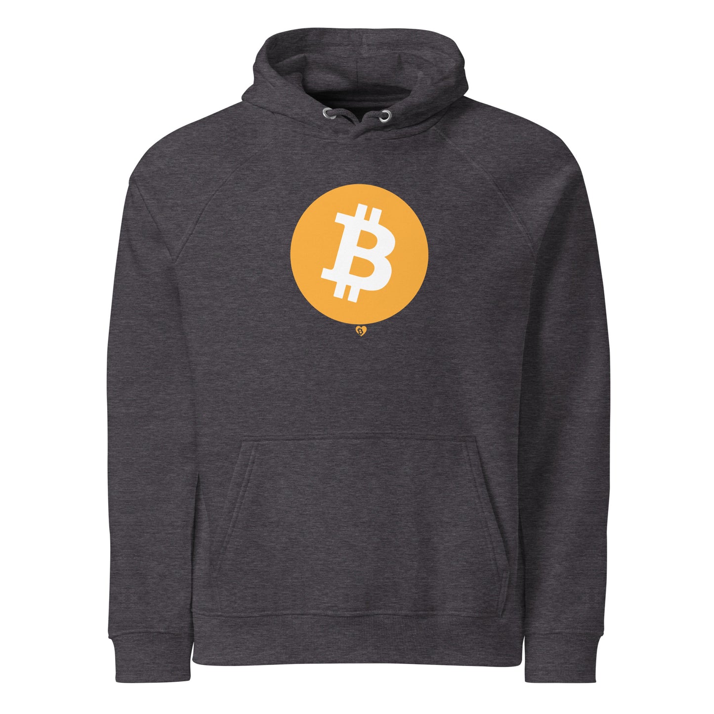 Dark gray hoodie with a yellow Bitcoin logo on a white background