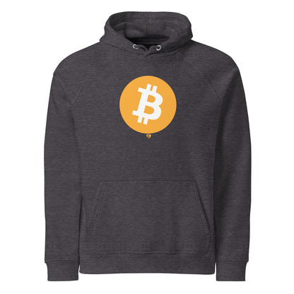 Dark gray hoodie with a yellow Bitcoin logo on a white background