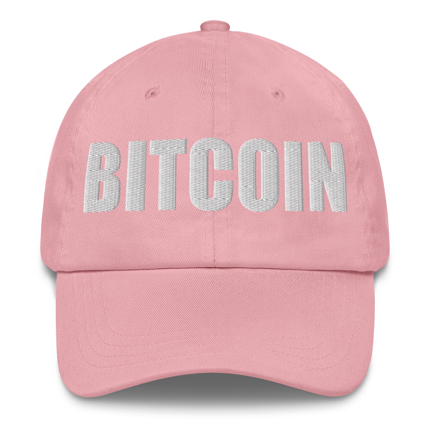 Pink cap with 'BITCOIN' text on a white background