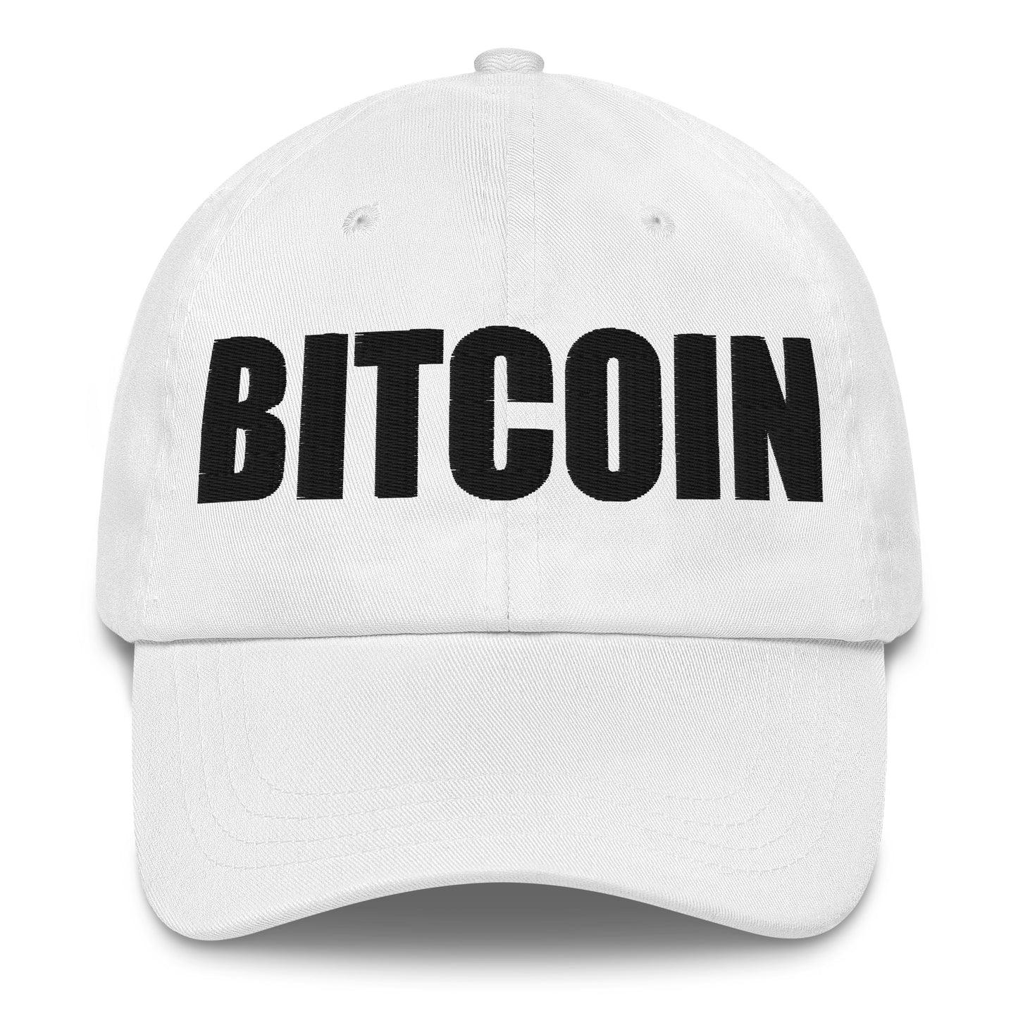 White cap with 'BITCOIN' printed in black on a white background