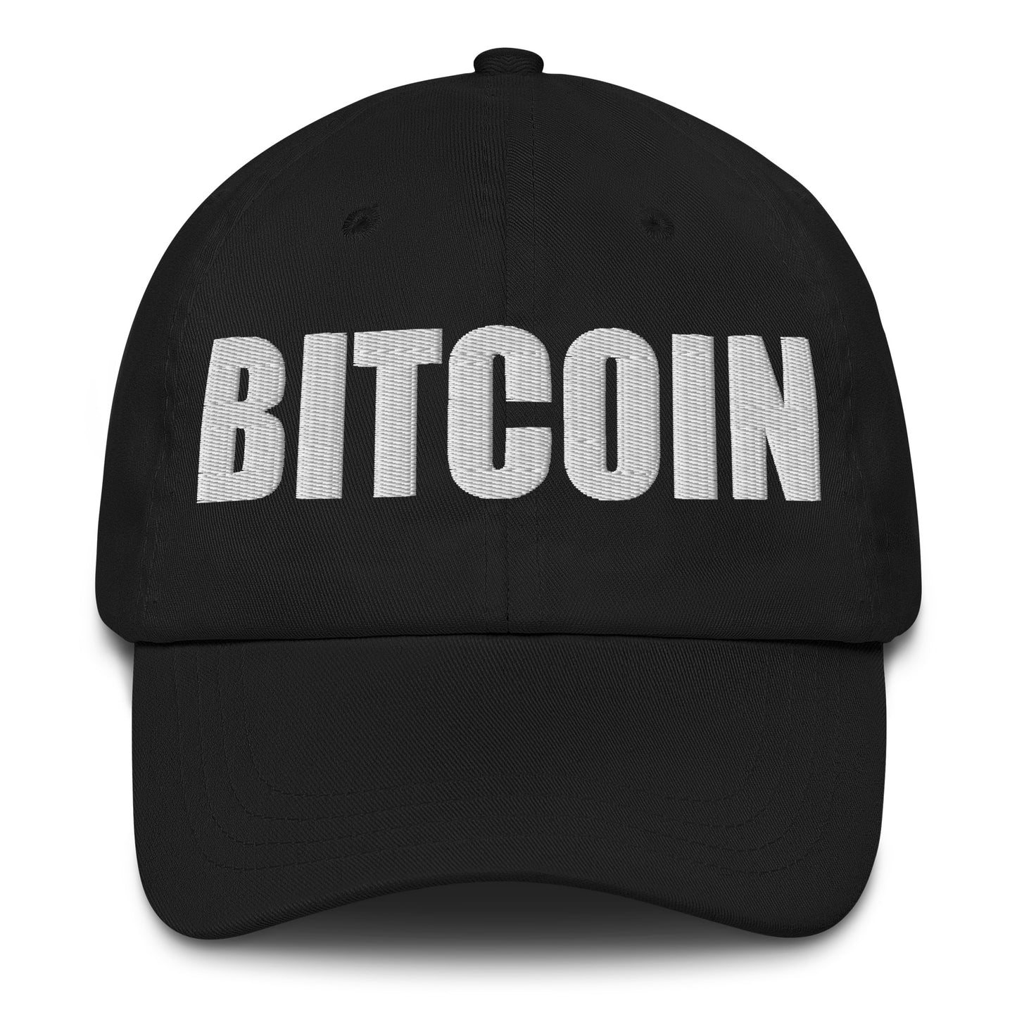 black cap with big 'BITCOIN' embroidered on a white background