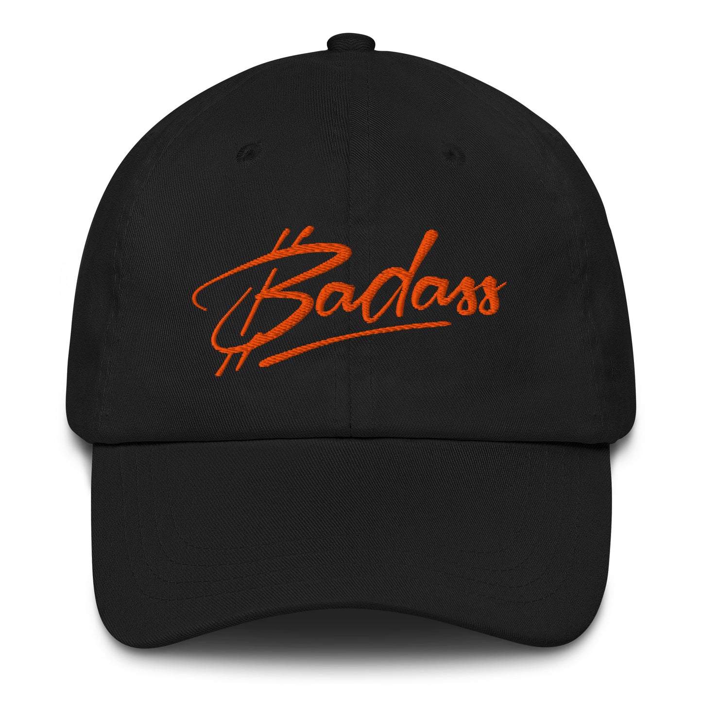 Black cap with 'bitcoin Badass' embroidered in orange on a white background